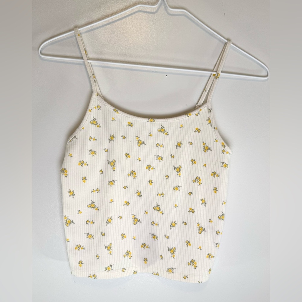 American Eagle White Ribbed Floral Sleeveless Crop Camisole Women's Size XS
